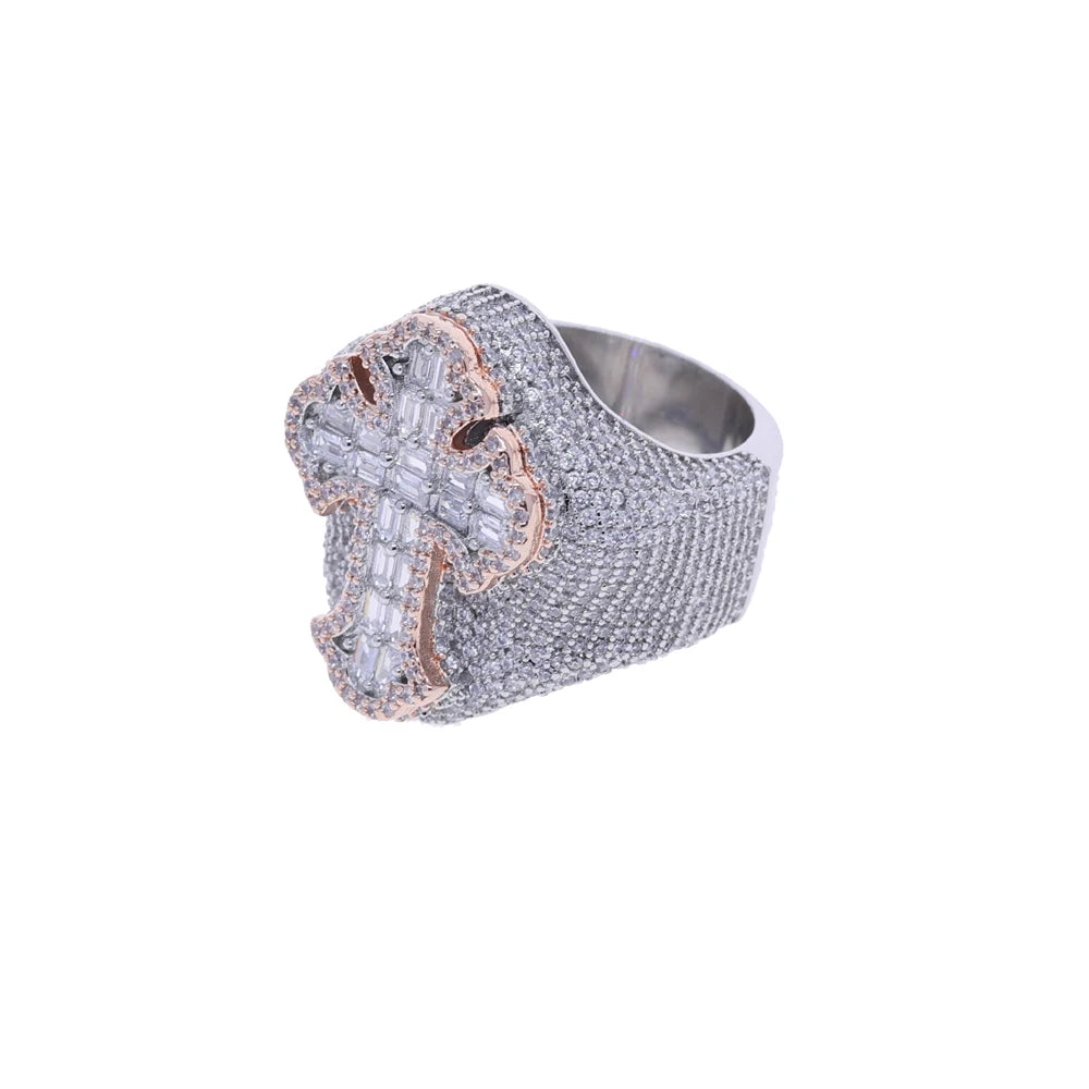  Iced Out Two Tone Cross Ring