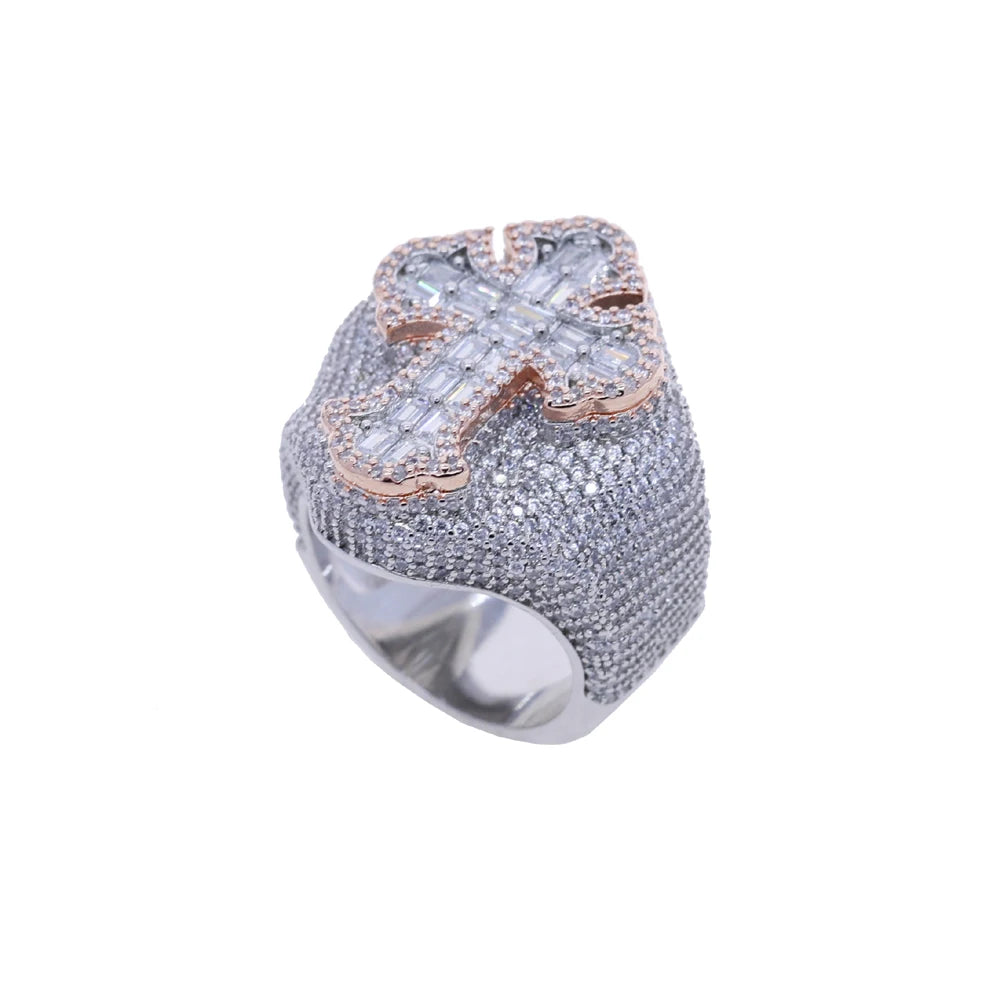  Iced Out Two Tone Cross Ring